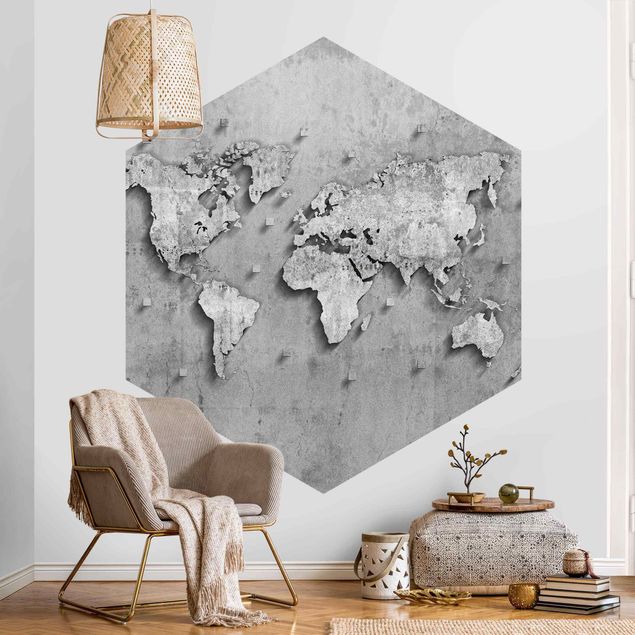 Wanddeko grau Beton Weltkarte