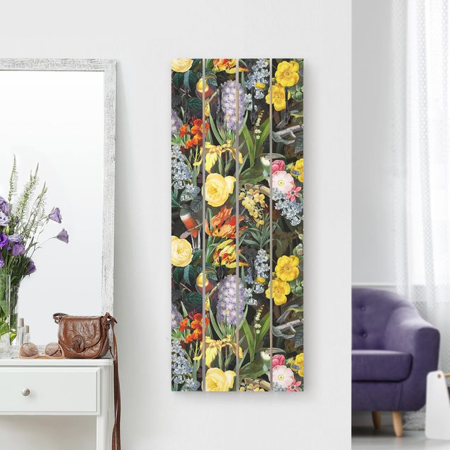 Wanddeko bunt Blumen mit Tropischen Vögeln Bunt