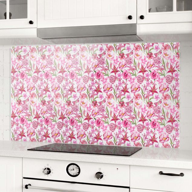Wanddeko Küche Pinke Blumen mit Schmetterlingen
