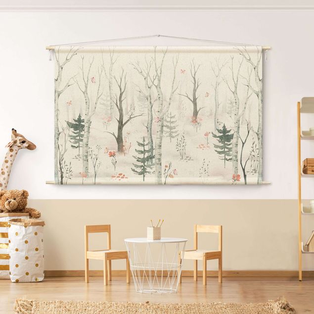 Wandbilder Mohnblumen Birkenwald mit Mohnblumen