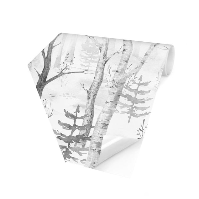 Wanddeko Mohn Birkenwald mit Mohnblumen Schwarz Weiß