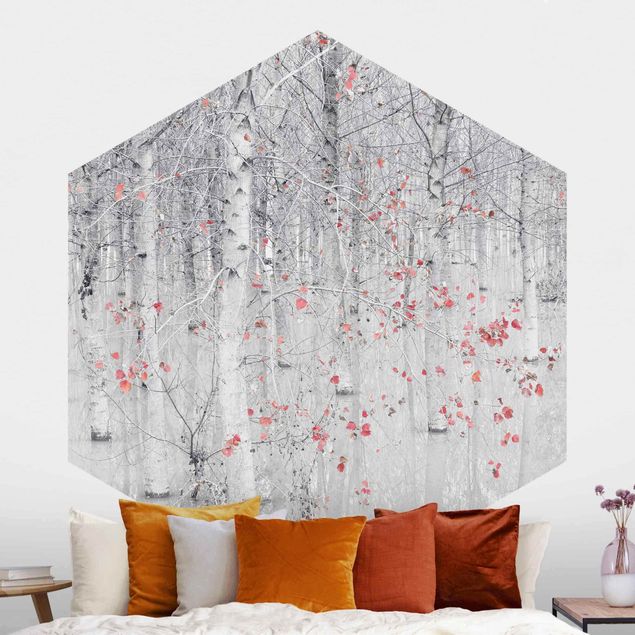 Wanddeko Schlafzimmer Birkenwald mit rosa Blättern