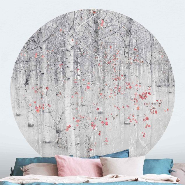 Wanddeko Schlafzimmer Birkenwald mit rosa Blättern