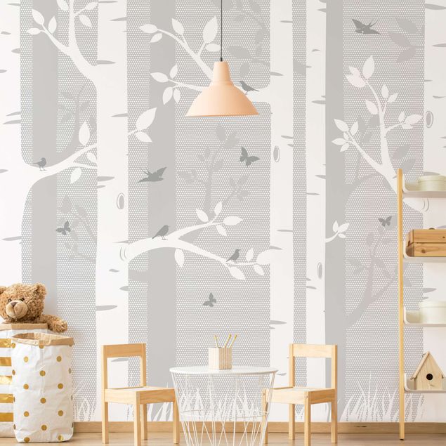 Wanddeko Büro Birkenwald mit Schmetterlingen und Vögel