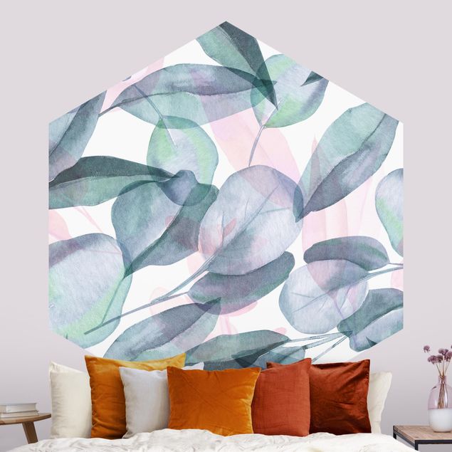 Wanddeko Schlafzimmer Blaue und Rosane Eukalyptus Aquarellblätter