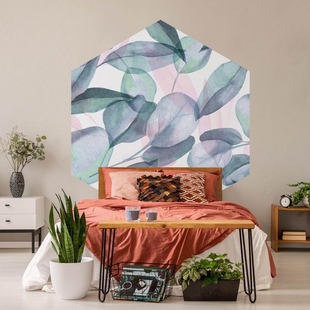 Wanddeko Esszimmer Blaue und Rosane Eukalyptus Aquarellblätter