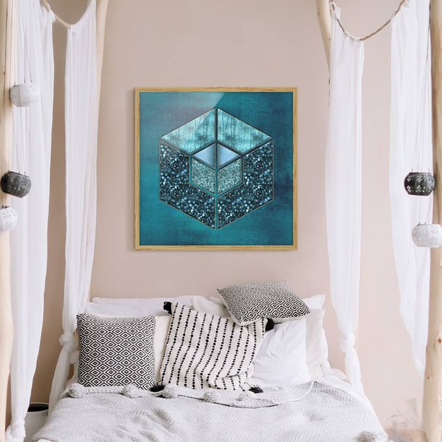 Wanddeko Büro Blaues Hexagon mit Goldkontur