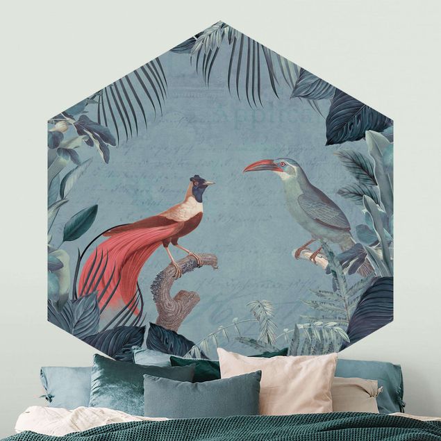 Wanddeko Schlafzimmer Blaugraues Paradies mit tropischen Vögeln