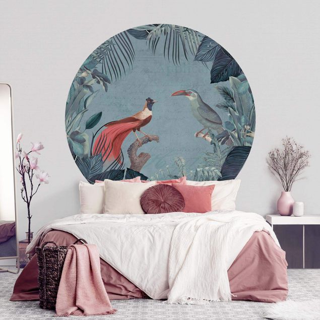 Wanddeko Wohnzimmer Blaugraues Paradies mit tropischen Vögeln