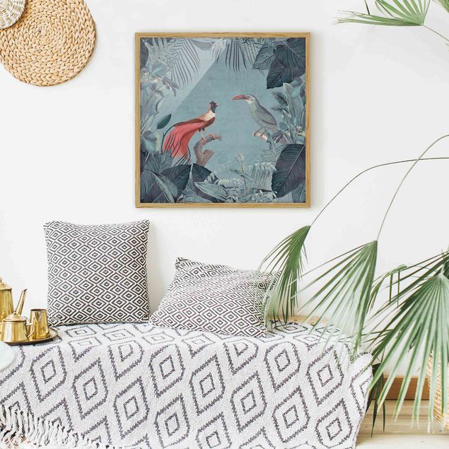 Wanddeko Schlafzimmer Blaugraues Paradies mit tropischen Vögeln
