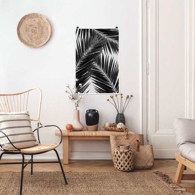 Wanddeko Flur Blick durch Palmenblätter schwarz weiß