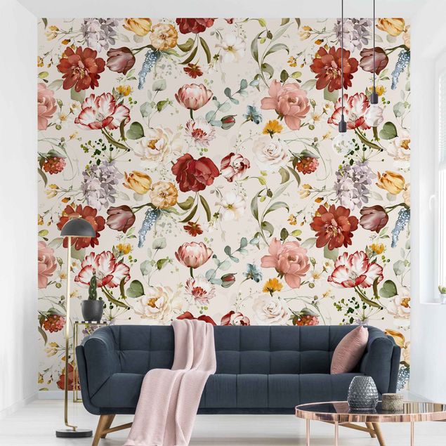 Wanddeko Schlafzimmer Blumen Aquarell Vintage Muster auf Beige