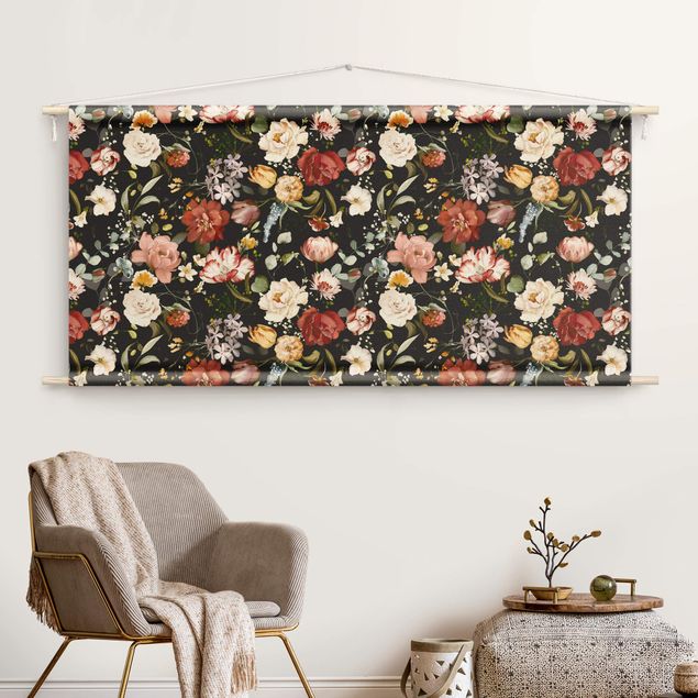 Wanddeko Wohnzimmer Blumen Aquarell Vintage Muster auf Schwarz