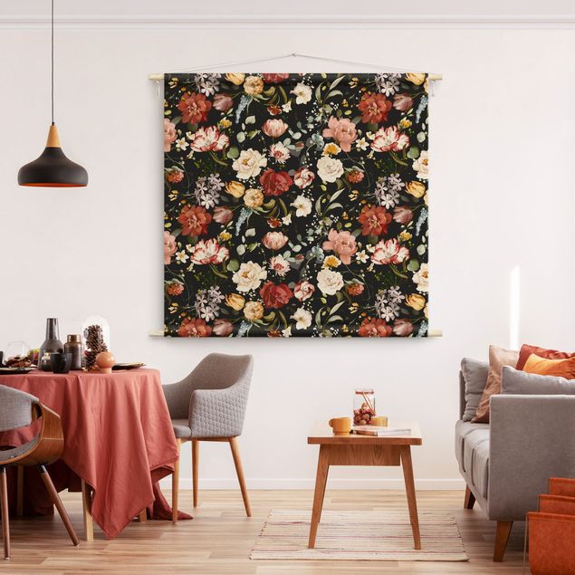 Wanddeko Schlafzimmer Blumen Aquarell Vintage Muster auf Schwarz