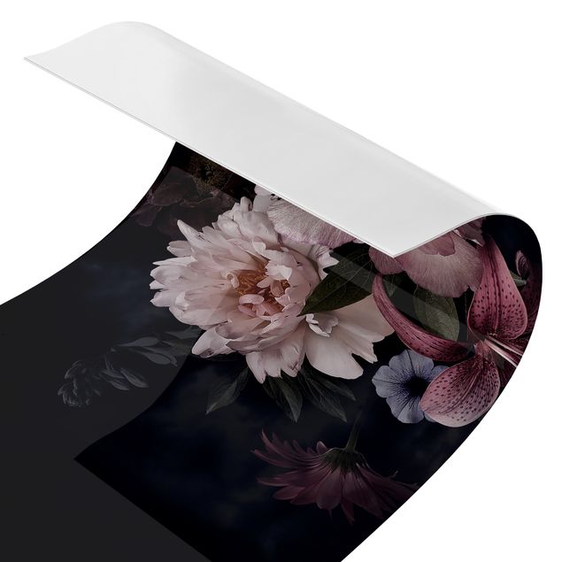 Küchenrückwand Folie Blumen Blumen mit Nebel auf Schwarz