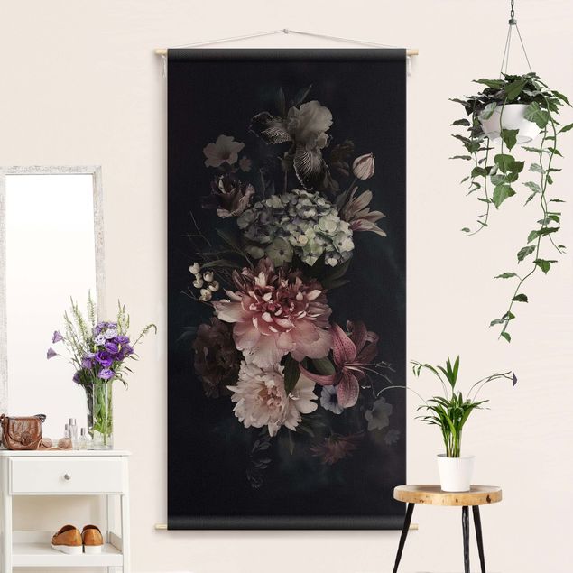 Wanddeko Schlafzimmer Blumen mit Nebel auf Schwarz