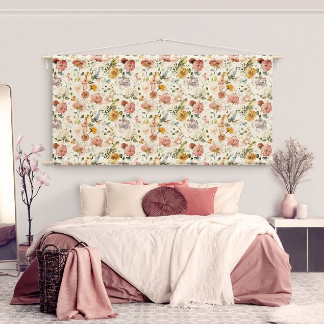 Wanddeko Schlafzimmer Blumen und Vögel Aquarell Muster
