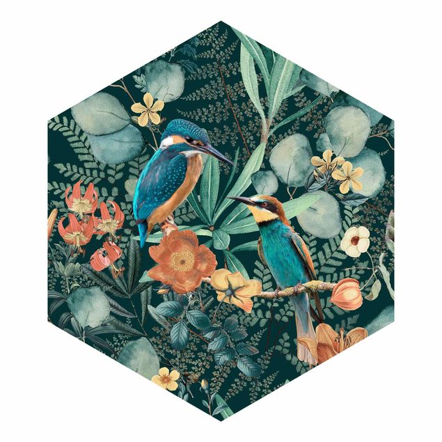 Wanddeko grün Blumenparadies Eisvogel und Kolibri