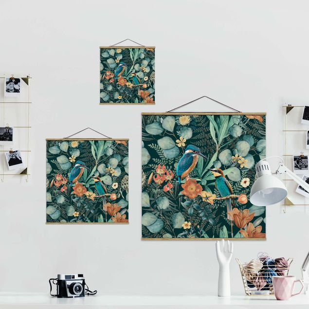 Wanddeko Büro Blumenparadies Eisvogel und Kolibri