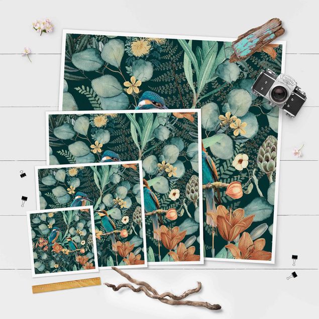 Wanddeko über Sofa Blumenparadies Eisvogel und Kolibri