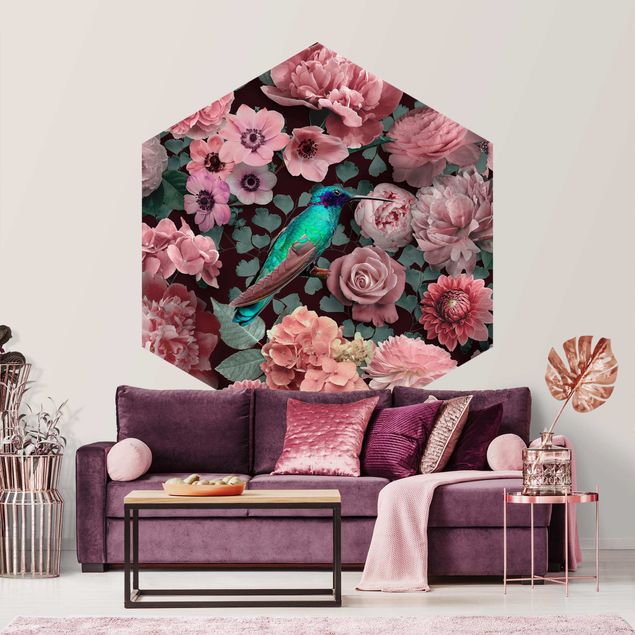 Wanddeko Flur Blumenparadies Kolibri mit Rosen