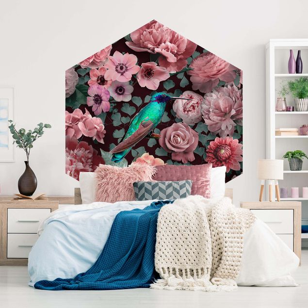 Wanddeko Esszimmer Blumenparadies Kolibri mit Rosen
