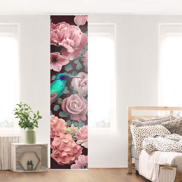Wanddeko Wohnzimmer Blumenparadies Kolibri mit Rosen