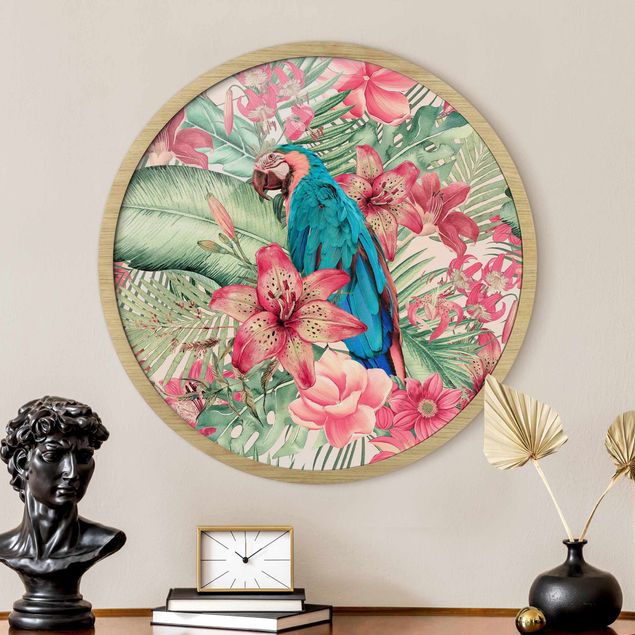 Wanddeko Wohnzimmer Blumenparadies tropischer Papagei
