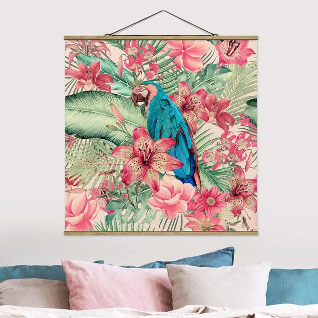 Wanddeko bunt Blumenparadies tropischer Papagei