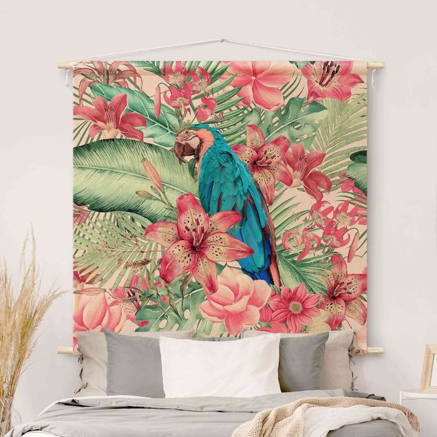 Wanddeko bunt Blumenparadies tropischer Papagei