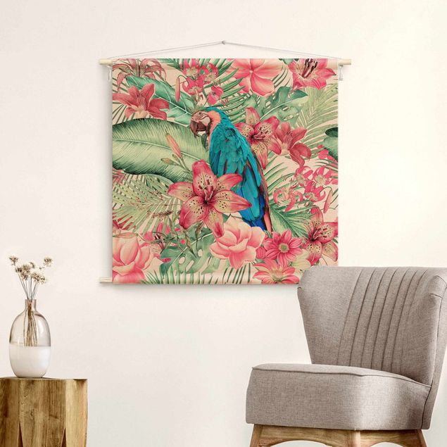Wanddeko Flur Blumenparadies tropischer Papagei