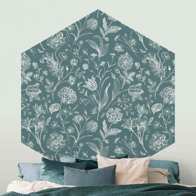Wanddeko Schlafzimmer Blumentanz auf Blaugrau