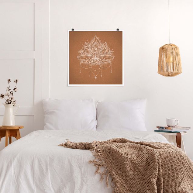 Wanddeko Schlafzimmer Boho Lotusblüte weiß Korkoptik
