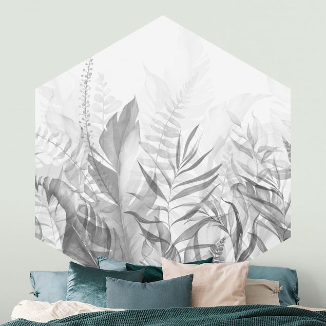 Wanddeko Schlafzimmer Botanik - Tropische Blätter Grau