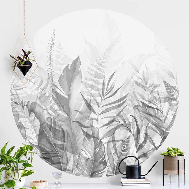 Wanddeko Wohnzimmer Botanik - Tropische Blätter Grau