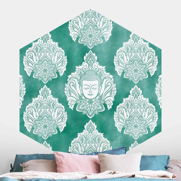 Wanddeko Schlafzimmer Buddha und Lotus Smaragdmuster