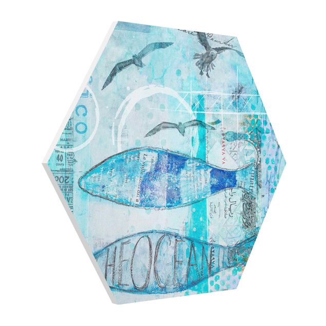 Wanddeko Flur Bunte Collage - Blaue Fische