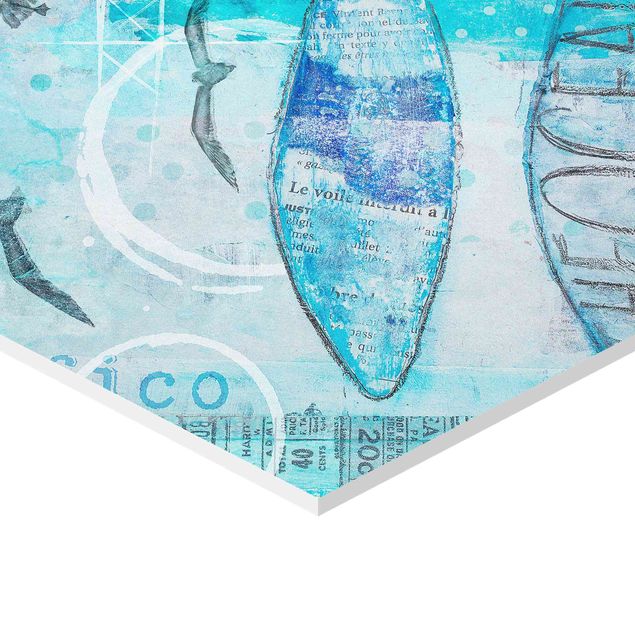 Wanddeko über Bett Bunte Collage - Blaue Fische