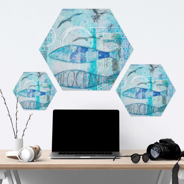 Wanddeko Praxis Bunte Collage - Blaue Fische