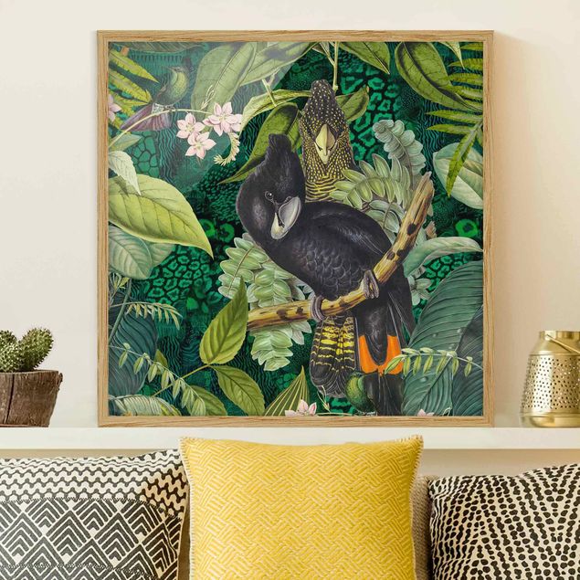 Wanddeko Wohnzimmer Bunte Collage - Kakadus im Dschungel