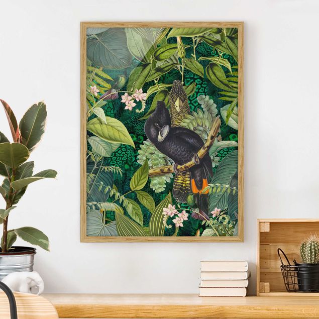Wanddeko Wohnzimmer Bunte Collage - Kakadus im Dschungel