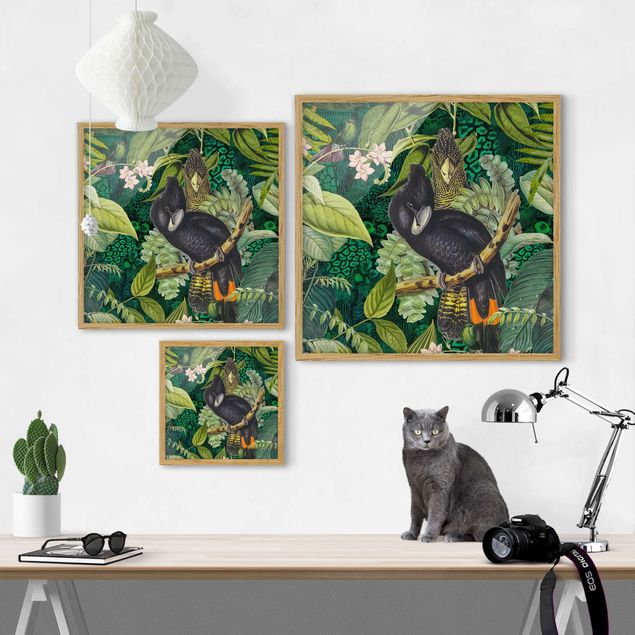 Wanddeko über Sofa Bunte Collage - Kakadus im Dschungel