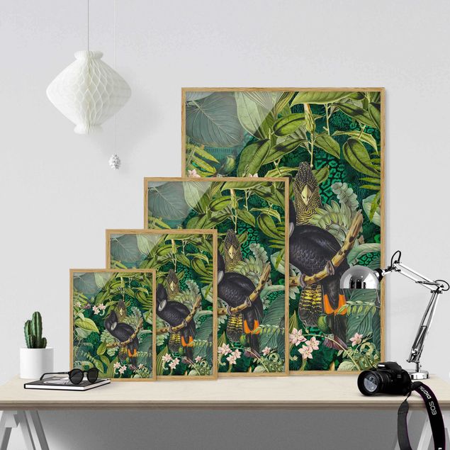 Wanddeko über Sofa Bunte Collage - Kakadus im Dschungel