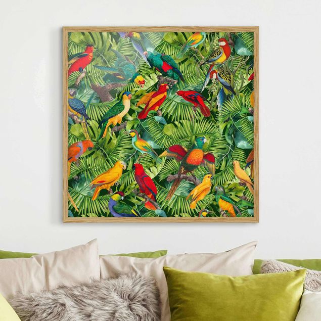 Wanddeko bunt Bunte Collage - Papageien im Dschungel