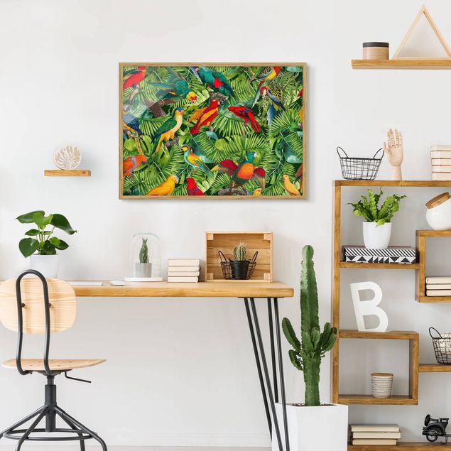 Wanddeko Wohnzimmer Bunte Collage - Papageien im Dschungel