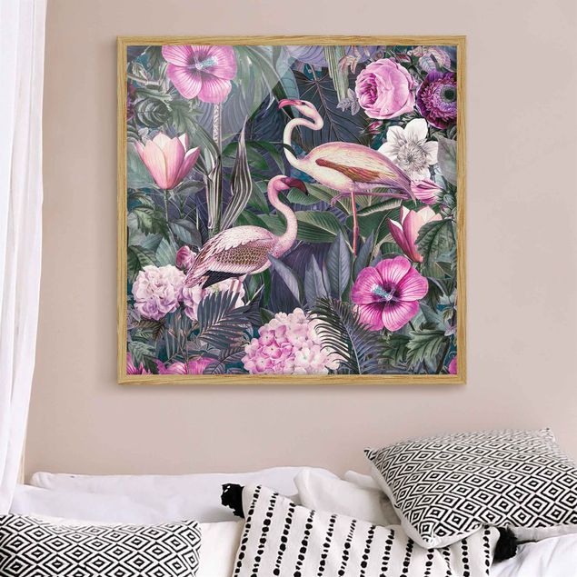 Wanddeko Wohnzimmer Bunte Collage - Pinke Flamingos im Dschungel