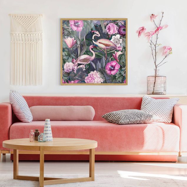 Wohndeko Blume Bunte Collage - Pinke Flamingos im Dschungel