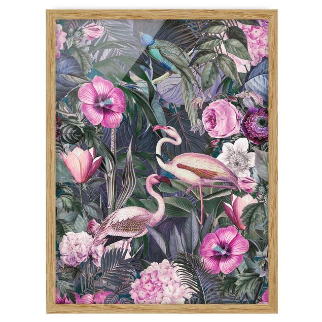 Wanddeko pink Bunte Collage - Pinke Flamingos im Dschungel