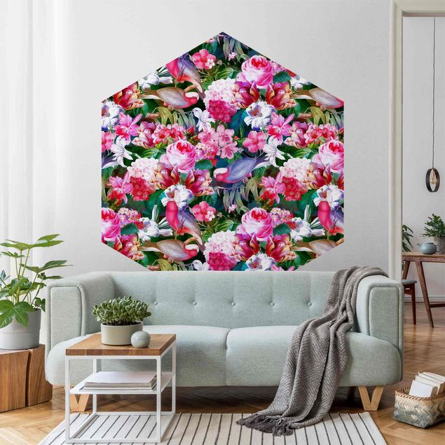 Wanddeko Schlafzimmer Bunte Tropische Blumen mit Vögeln Pink