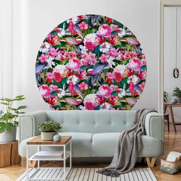 Wanddeko bunt Bunte Tropische Blumen mit Vögeln Pink